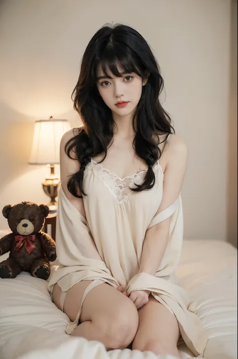 (((best quality))),(((ultra detailed))),(((masterpiece))),illustration,((1 beautiful girl,solo)),(((straight black hair,thick bangs))),(round face:1.5),((slim,thin)),(flat chest:1.3),(slender legs:1.2),(sitting:1.3),(in bedroom:1.3),(night scene:1.3),(on b...