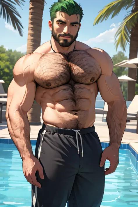 green hair ,white handsome man, 30 years old, wearing blue sweatpants, shirtless, hairy, stubble beard, robust, hunky, stocky, casual pose, realistic, detailed, masculine, daddy, dilf, pool, (best quality, 4k, 8k, high resolution, masterpiece: 1.2), detail...