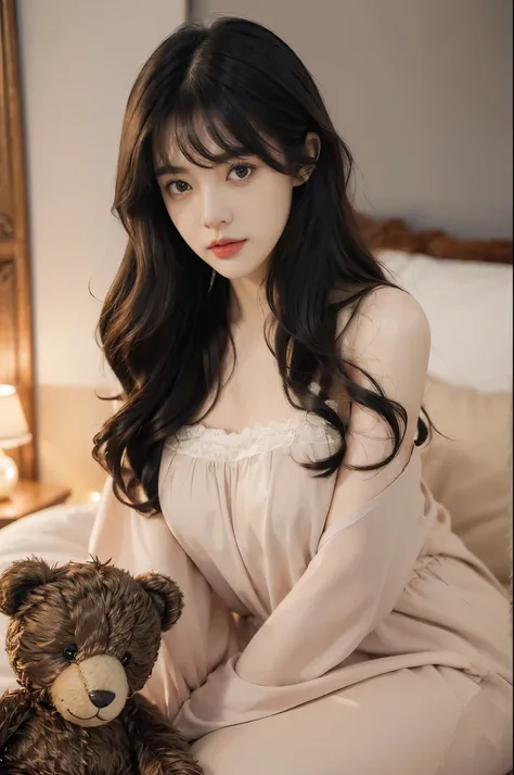 (((best quality))),(((ultra detailed))),(((masterpiece))),illustration,((1 beautiful girl,solo)),(((straight black hair,thick bangs))),(round face:1.5),((slim,thin)),(flat chest:1.3),(slender legs:1.2),(sitting:1.3),(in bedroom:1.3),(night scene:1.3),(on b...