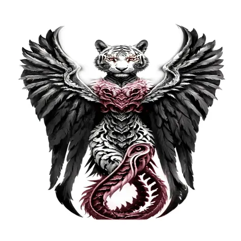 a black and white tiger withe wings and a heart in its mouth, black lion with peacock wings, 3d tattoo design, concept tattoo design, tattoo design, full body view, detailed full-body concept, full body view, withe wings. ultra detali, black wings instead ...