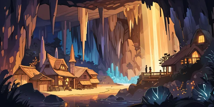 Draw a poster, village dans le style anime lofi, magical decoration, cascade of light, cave, stalagmites, Stalactites, la nuit, beautiful taupe color palette, couleurs saturées vibrantes, Artwork, aucun humain, dark brown theme