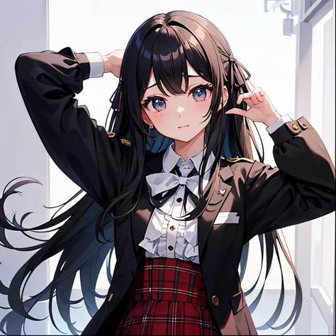 Masterpiece、Idol、uniform、Plaid、cute、whole body、Idol衣装、Black Hair、Long Hair、cute衣装、ribbon