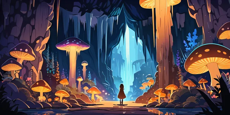 Draw a poster, village dans le style anime lofi, magical decoration, cascade of light, cave, stalagmites, Stalactites, mushroom, la nuit, beautiful taupe color palette, couleurs saturées vibrantes, Artwork, aucun humain, dark brown theme