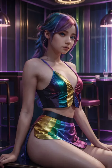 1 girl with rainbow hair, rainbow skirt, sitting in an upscale gentlemans club, intricate details, portrait, photorealistic, high resolution, 8k, best quality, masterpiece, cinematic lighting, vibrant colors, dynamic composition, elegant, sophisticated