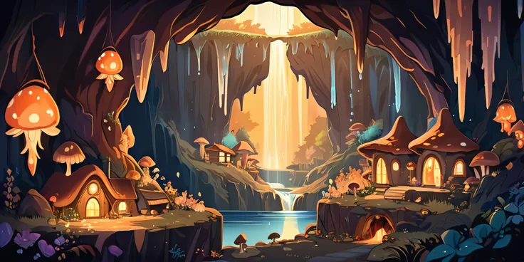 Dessinez un poster dun village hobbit, dans le style lofi, magical decoration, cascade of light, cave, stalagmites, Stalactites, mushroom, crystals, la nuit, beautiful taupe color palette, couleurs saturées vibrantes, Artwork, aucun humain, dark brown them...