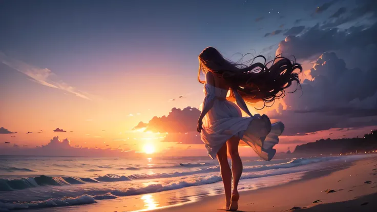 sunset on the beach with a woman walking on the sand, by Cirilo Rolando, Surreal photograph of a beach, beautiful digital artwork, inspired by Cirilo Rolando, loose hair with backlight, in style of cyril rolando, beautiful digital art, shiny and flowing ha...