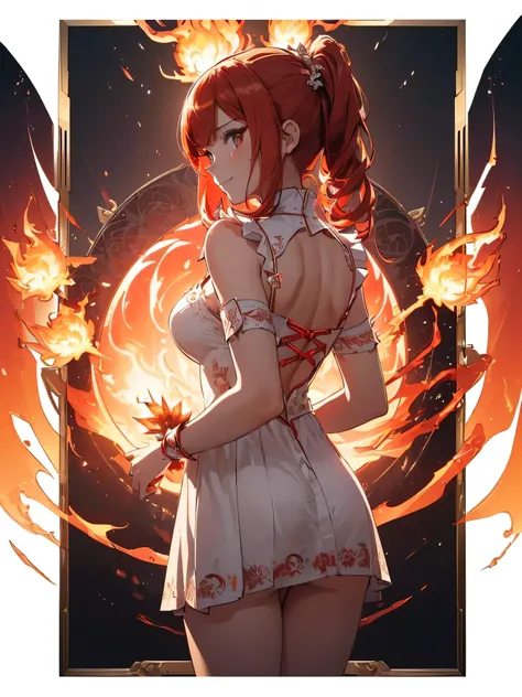 (((best quality, sharp image, clear image, cinematic lighting, 8k resolution, masterpiece, ultra detailed, intricate))) Girl, (((looking over right shoulder))), (shot from behind), ((half shot)), fiery red hair, pigtails, ((white dress)), ((flaming sigils,...