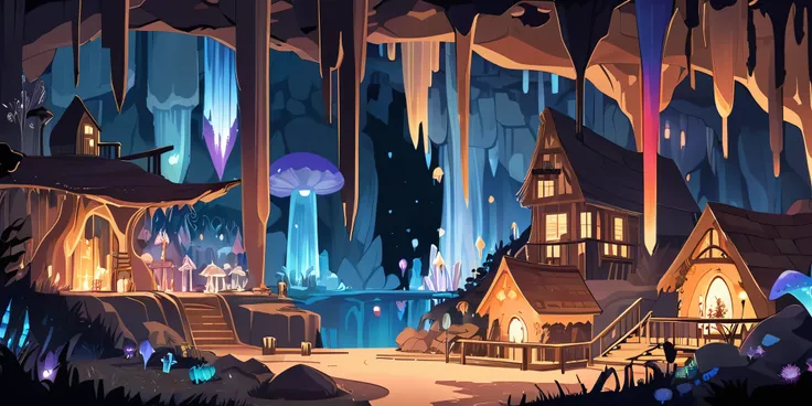 Dessinez un poster dun village, dans le style lofi, magical decoration, cascade of light, cave, stalagmites, Stalactites, mushroom, crystals, la nuit, beautiful taupe color palette, couleurs saturées vibrantes, Artwork, aucun humain, dark brown theme