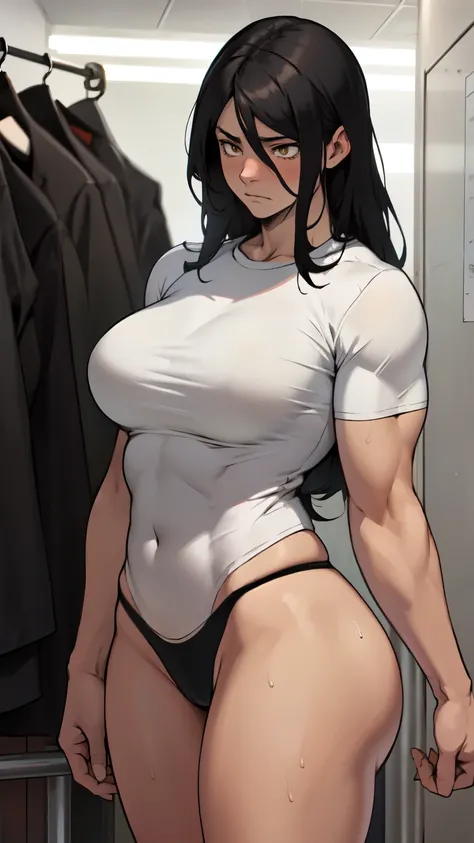 solo muscular girl muscular girl muscular girl thick thick thick breasts breasts breasts massive hair black hair yellow eyes pale skin embarrassed empty eyes sad