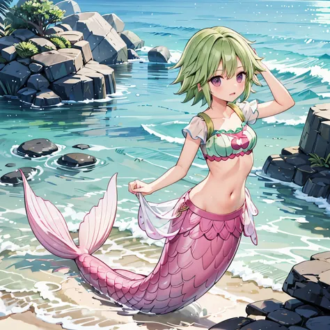 mermaid,camie,short hair,green hair,crop top, raglan sleeves, short sleeves, midriff, navel,