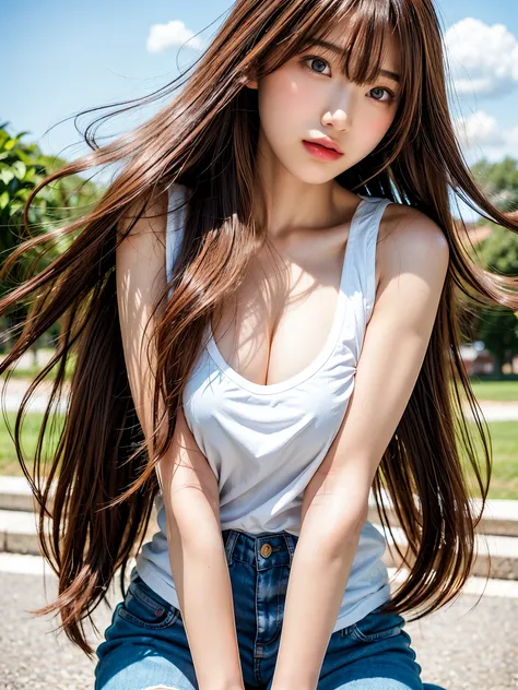 Sexy Big 、Sexy cute looks and cute 15 year old beautiful girl, beautiful and sexy face、A strong wind blows my hair in front of my face、length, Metallic blonde straight hair、beautiful, Cute and sexy eyes hidden behind long bangs、Sleeveless T-shirt、Glossy th...