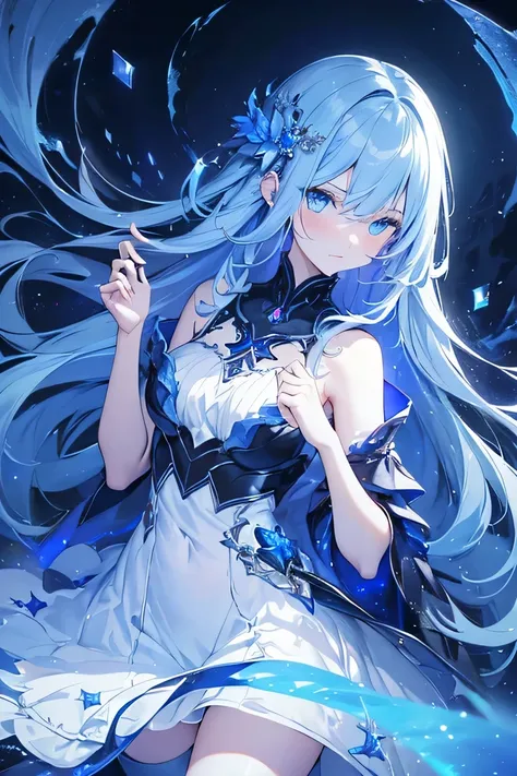 (high resolution, Practical, 4K, Extremely detailed, masterpiece:1.2),1 hermaphrodite girl, Spirit, Unisex, Shining blue eyes, Medium-long blue hair, shoulder-length, White Dress,  clothes, floating dress, Fleeting, Transparent girl, nihilistic, expression...