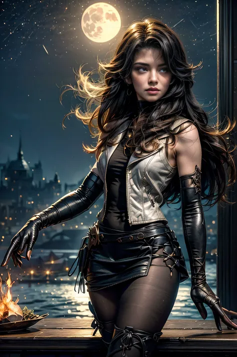 (masterpiece, best quality:1.2), cowboy shot, solo, 1girl, cinder fall, looking at viewer, long hair, t-shirt, white skirt, sleeveless jacket, elbow gloves, pantyhose, holding flames, inside gothic castle, conference room, high ceiling, crowd, night, stars...