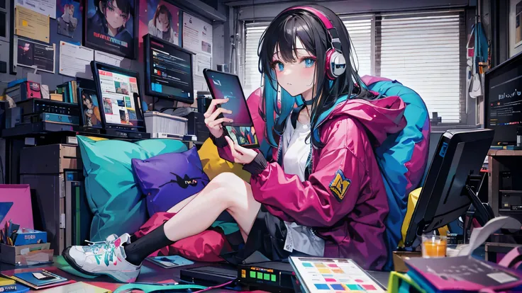 ((masterpiece)), ((Highest quality)), ((High resolution)), One person, alone, Incredibly absurd, hoodie, Headphones, Neon lighting, Side view, (whole body), Matching socks, Matching sneakers, Black Hair, Working on your laptop, Sitting, Bead cushion seat, ...