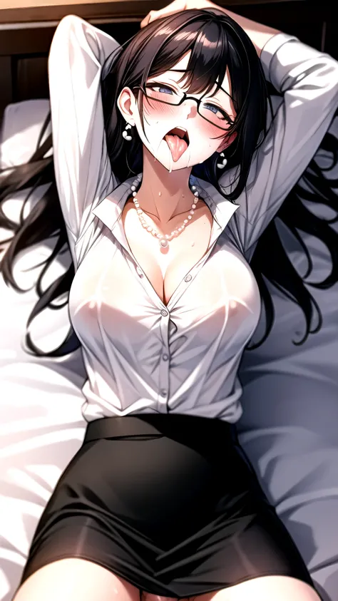 （（super high quality,Ultra-high resolution,4K,8k,super masterpiece,Ultra HD ,Detailed shading））,Full body photo,Angle from a high ceiling,Lying in bed,A seductive mother,popped collar White shirts,Tight collar,Long sleeve,BLACK Pencil Skirt,Black Hair,Peni...