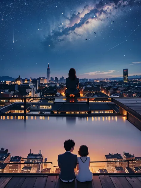 As two figures sit perched on a rooftop，When looking up at the stars，A serene scene unfolds。Twinkling celestial bodies shimmer like diamonds against the night sky。The couples faces are bathed in a soft, warm glow，A contemplative stillness hangs in the air。...