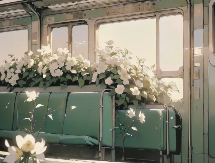 (((Masterpiece, top quality))), (((32K wallpaper))), ultra high resolution, gorgeous light leak, (((backlit))), highly detailed background, top quality, (((no humans))), Empty train, (((White flower))),  (((( very dull color )))), ((((Detailed train seatin...