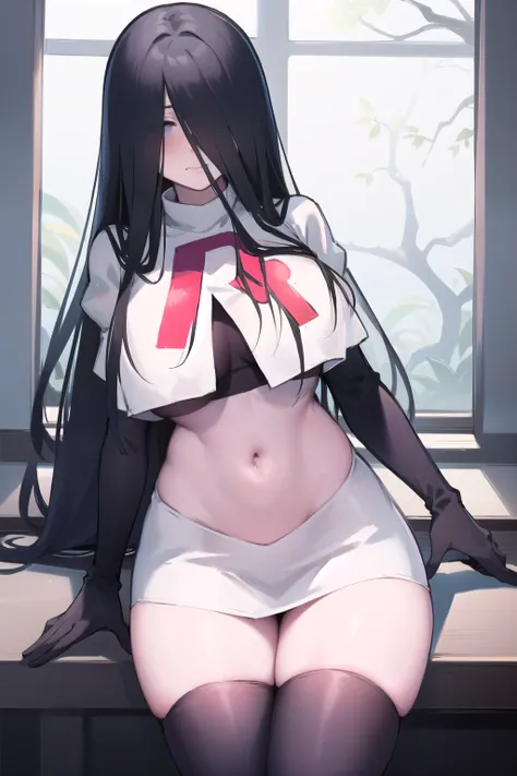 masterpiece, detailed, high quality, absurdres, sadako, (hair over eyes), pale skin, blush, large breasts, curvy, navel, stomach, groin, team rocket,team rocket uniform,white skirt,red letter R,crop top,black thigh-highs,black elbow gloves, cowboy shot,