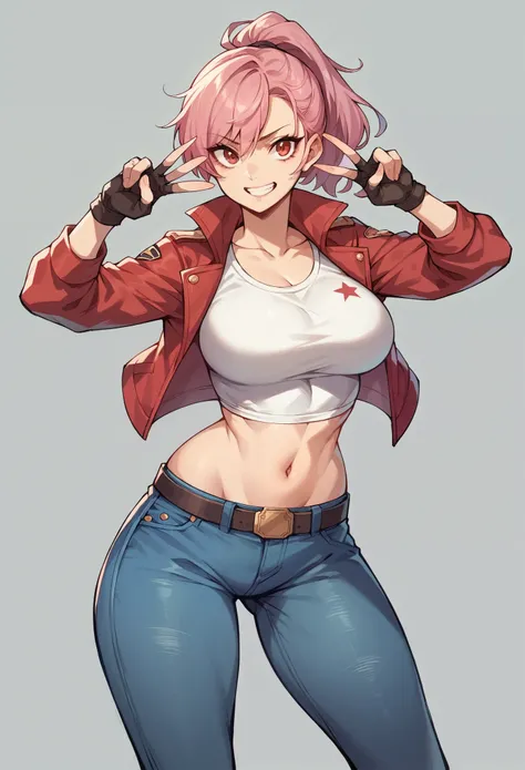 1girl, pink hair, large breasts, white top, open red jacket, navel, jeans shorts, army boots, fingerless military gloves, ponytail hair, :o, double v