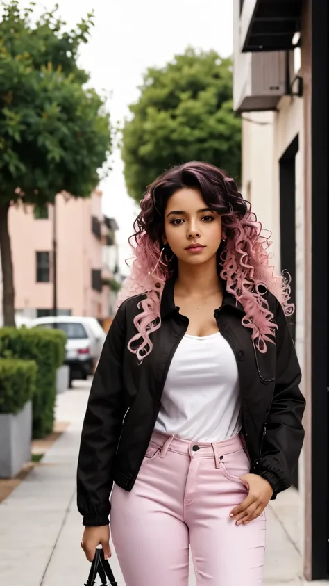 1 person, Brown Skin, (masterpiece), Curly Hair, Small breasts, Black Hair, Pink Eyes, Black jacket, White shirt, jeans, Anime, Latina, Pink Hair