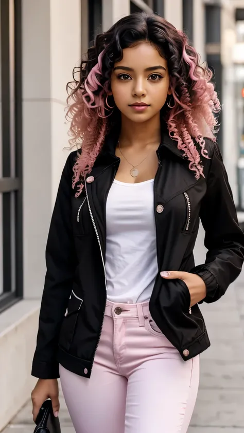 1 person, Brown Skin, (masterpiece), Curly Hair, Small breasts, Black Hair, Pink Eyes, Black jacket, White shirt, jeans, Anime, Latina, Pink Hair