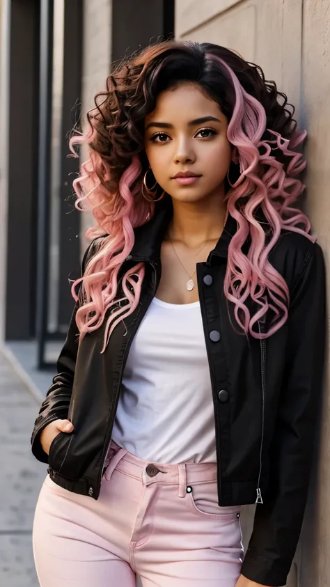 1 person, Brown Skin, (masterpiece), Curly Hair, Small breasts, Black Hair, Pink Eyes, Black jacket, White shirt, jeans, Anime, Latina, Pink Hair