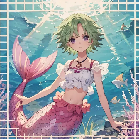 mermaid,camie,short hair,green hair,crop top, raglan sleeves, short sleeves,