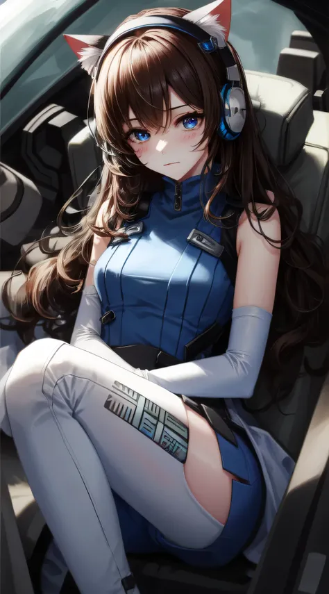 masterpiece, Best Quality, high resolution, 1 girl, Super high resolution, alone, Mechanical pilot, D.and, heaDphones, pink eyes, blue socks, brown hair, white gloves, Cat Face Ornament,