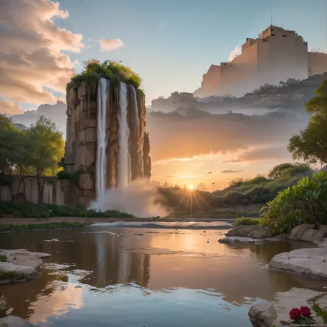 (8k, highest quality, masterpiece, final fantasy style: 1.2), (unRealistic, photoRealistic: 1.37), Dreamy landscape, epic scenes, sunset, Fantasy, Unsurreal landscapes, Super detailed, Flying futuristic  Castle, Floating Island in the Sky, Seven-colored sw...