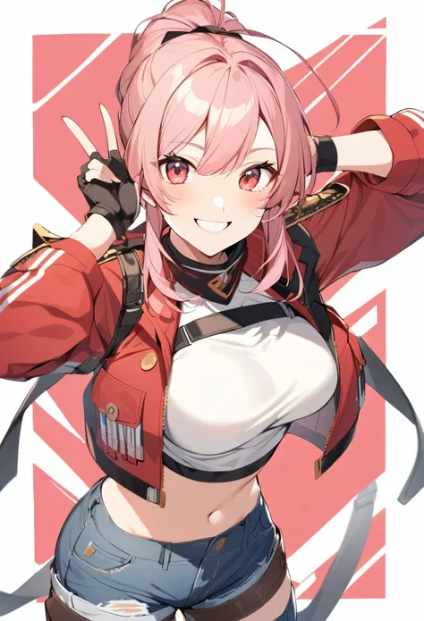 1girl, solo, pink hair, red eyes, large breasts, white top, open red jacket, navel, (jeans shorts), army boots, fingerless military gloves, ponytail hair, smile, v