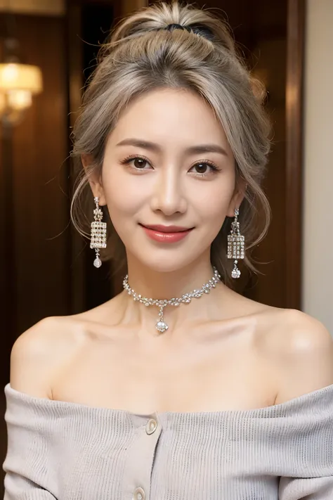 Off the shoulder, Age 35, Japan Beautiful Woman, Big earrings, Big choker, bracelet, Silver Hair, Realistic, Gorgeous Madame, beautiful, sexy, smile, high quality