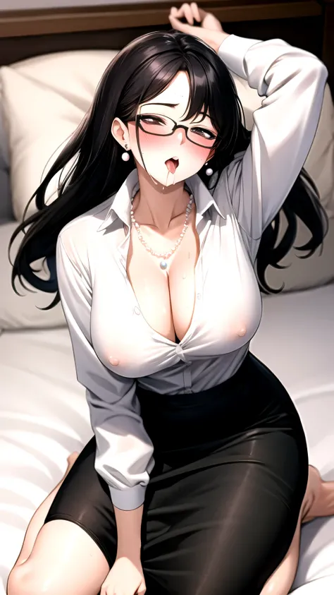 （（super high quality,Ultra-high resolution,4K,8k,super masterpiece,Ultra HD ,Detailed shading））,Full body photo,Angle from a high ceiling,Lying in bed,A seductive mother and a man,popped collar White shirts,Tight collar,Long sleeve,BLACK Pencil Skirt,Black...