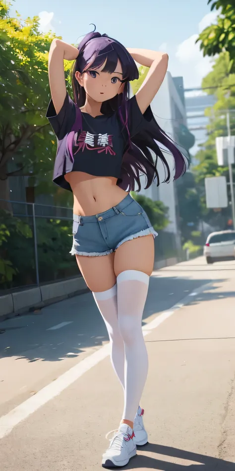 1girl, solo, Komi Shouko, long hair, breasts, looking at viewer, blush, bangs, shirt, purple hair, hair ornament, thighhighs, navel, closed mouth, purple eyes, standing, full body, white shirt, short sleeves, thighs, outdoors, shoes, shorts, day, hairclip,...