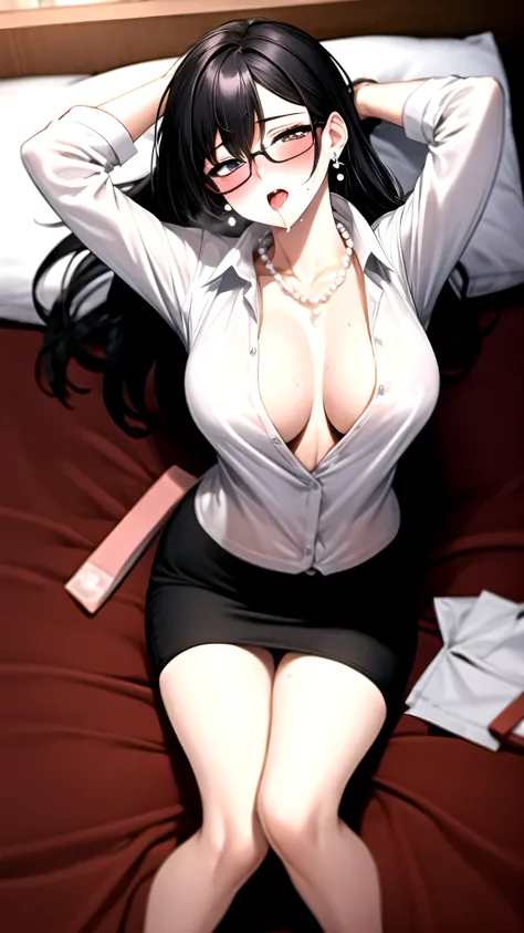 （（super high quality,Ultra-high resolution,4K,8k,super masterpiece,Ultra HD ,Detailed shading））,Full body photo,Angle from a high ceiling,Lying in bed,Man and woman couple,A sexy mother and a naked man,popped collar White shirts,Tight collar,Long sleeve,BL...