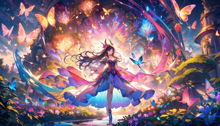 (Girl in a fantastical costume, Magical garden, Vibrant colors), painting, detailed flowers, Detailed butterflies, Intricate details, surreal atmosphere, Mysterious lights, Flowing long hair, Like a dream, Fantasy elements, Stunning scenery, Vibrant colors...