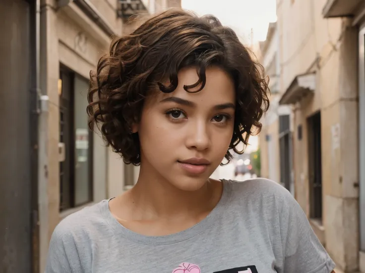 a beautiful woman offspring afro with short curly brown hair, brown eyes, pink lips, wearing gray t-shirt, looking straight ahead, estilo classico bem comportado straight forward posters 