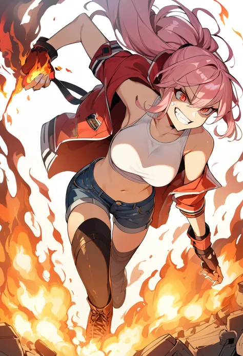 1girl, solo, pink hair, red eyes, large breasts, white top, open red jacket, navel, (jeans shorts), army boots, fingerless military gloves, ponytail hair, mad face, smile, (((burning hand))) 