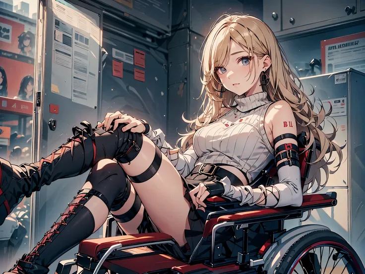 24 years old woman in reclining electric wheelchair,hair above eyes,middle twintales blonde hair,gothic style fashion,pink sweater with vertical lines,black pleated skirt,earrings,garter belt,black knee socks, lace up long boots,arm brace,leg brace.