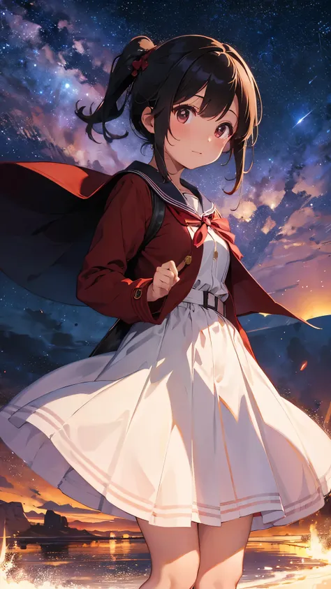 a sailor uniform dress with a long red coat over it.、a barren desert, the night sky, and the milky way galaxy.