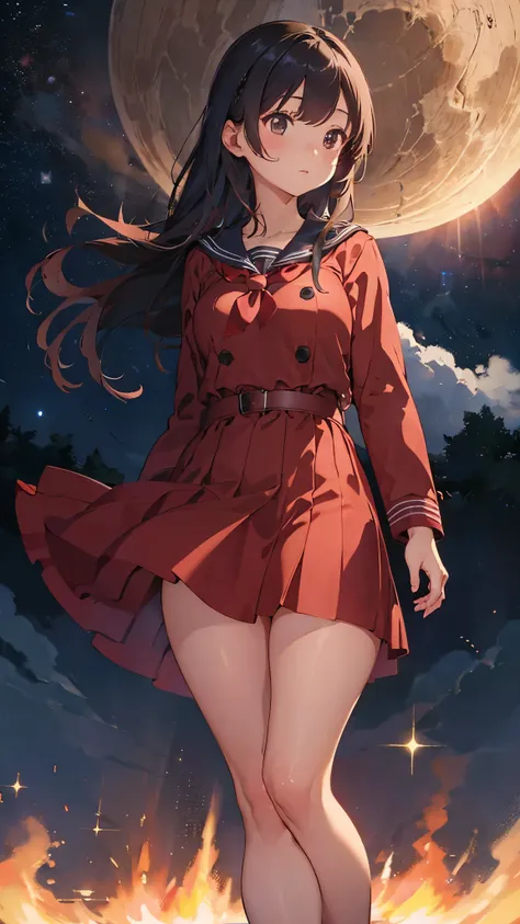 a sailor uniform dress with a long red coat over it.、a barren desert, the night sky, and the milky way galaxy.