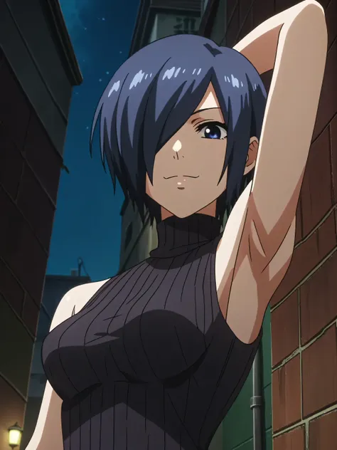 score_9, score_8_up, score_7_up, source_anime, anime screencap, outdoors, night, back alley, 1girl, solo, kirishima touka, blue ...