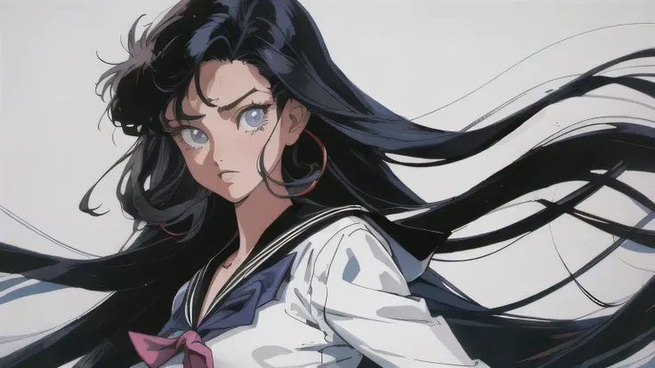 (masterpiece, Highest quality), 80s anime style, A girl with long hair and a bad look in her eyes., Sailor suit, High contrast