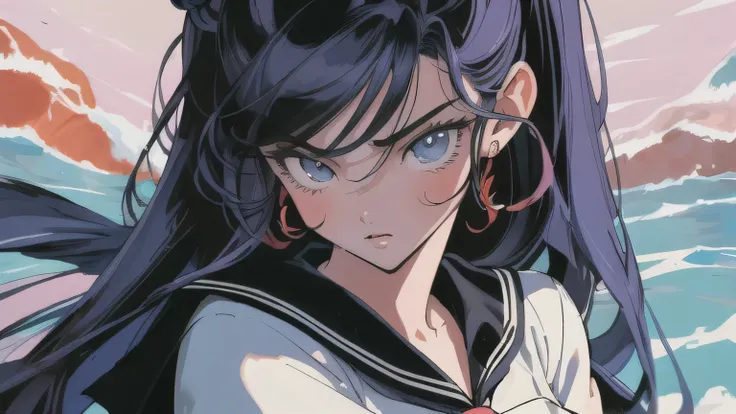 (masterpiece, Highest quality), 80s anime style, A girl with long hair and a bad look in her eyes., Sailor suit, High contrast