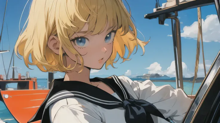 (masterpiece, Highest quality), 80s anime style, Blonde girl with short bob, Sailor suit, cool, High contrast