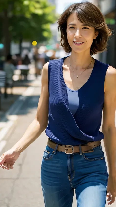 (Tabletop, Highest quality), Japanese woman in her 40s, Sleeveless turtleneck top with details, Belted jeans, necklace, Wavy Hair, Perfect Face, Beautiful Face, Charm, Big beautiful eyes, Open your mouth, Happy, Perfect slim fit body, (Plein Air), City str...