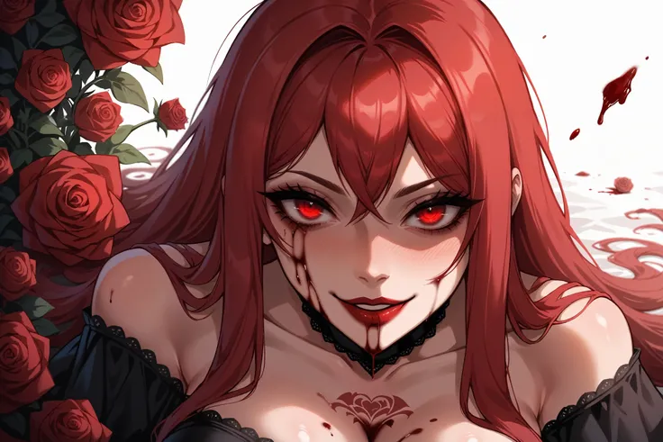 A girl with red eyes, scarlet hair, she has a red rose in her hair. She is wearing a very sexy cut black dress. She has a very intense look, a sadistic smile, blood red lipstick. She has very big breasts. She has a red rose tattoo on her chest. She has blo...