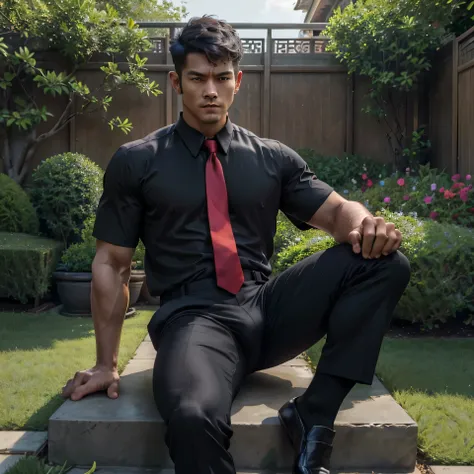 33 years old,One Man,、Handsome。Black Shirt、Red tie、、Dhaka - Fighters、Lookout、garden。The shade on the lawn、logic,Gay ,Very short hair、　,Asian Face,、　Handsome　　　Menacing look　　Black Briefs　Black socks