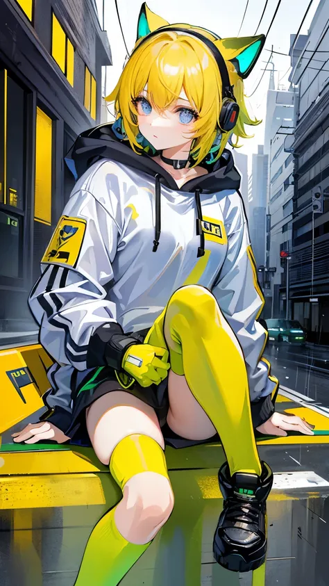 8k resolution、((Highest quality))、((masterpiece))、((Very detailed))、1 female、alone、Unbelievably absurd、Oversized hoodie、Headphones、street、Yellow background、rain、Fluorescent neon、Shortcuts、Light-colored eyes、Place one&#39;In one hand&#39;pocket、Shorts、Water...