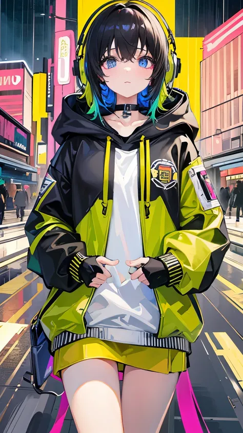 8k resolution、((Highest quality))、((masterpiece))、((Very detailed))、1 female、alone、Unbelievably absurd、Oversized hoodie、Headphones、street、Yellow background、rain、Fluorescent neon、Shortcuts、Light-colored eyes、Place one&#39;In one hand&#39;pocket、Shorts、Water...