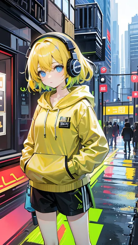 8k resolution、((Highest quality))、((masterpiece))、((Very detailed))、1 female、alone、Unbelievably absurd、Oversized hoodie、Headphones、street、Yellow background、rain、Fluorescent neon、Shortcuts、Light-colored eyes、Place one&#39;In one hand&#39;pocket、Shorts、Water...